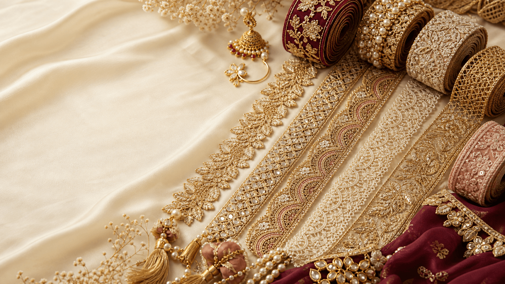 Premium lace borders and ethnic accessories arranged on silk fabric