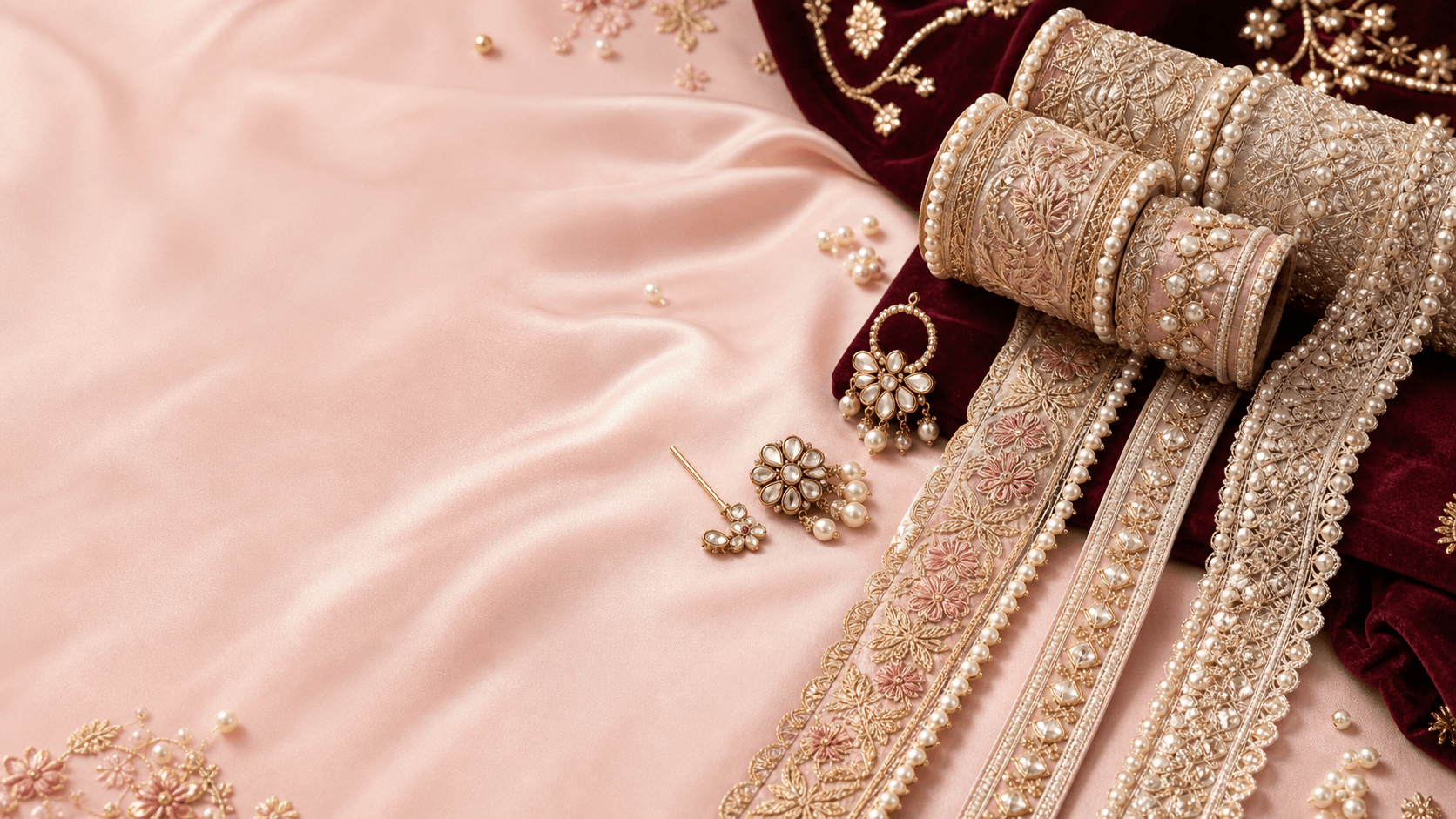 Pearl lace trims and artificial jewellery accents on soft textile