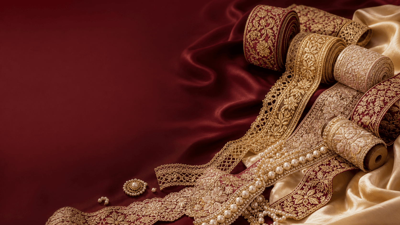 Premium lace borders and ethnic accessories arranged on silk fabric